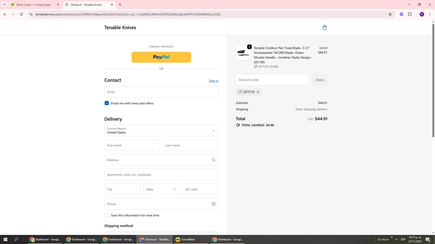 Tenable Knives discount code screenshot showing code lefty10 applied at Tenable Knives checkout page. Uploaded by SimplyCodes community member ukemochi on Nov 28, 2025