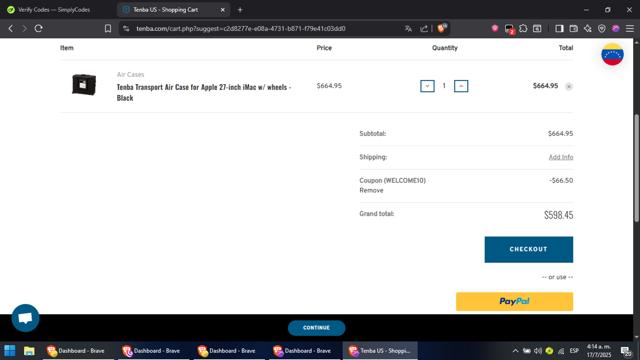 Tenba checkout page showing Tenba promo code box | Screenshot taken by SimplyCodes community member on Jul 17, 2025