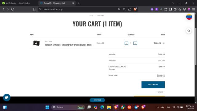 Tenba checkout page showing Tenba promo code box | Screenshot taken by SimplyCodes community member on Jun 17, 2025