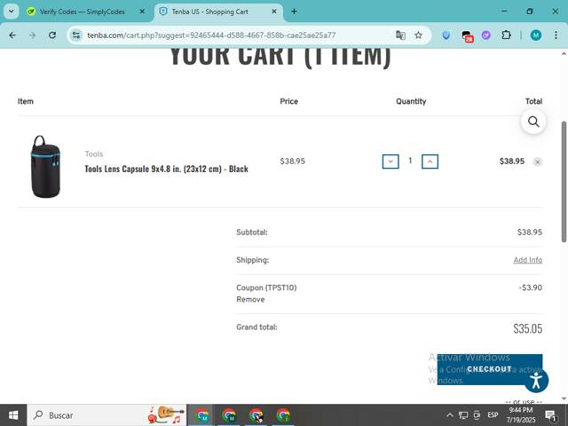 Tenba checkout page showing Tenba promo code box | Screenshot taken by SimplyCodes community member on Jul 20, 2025