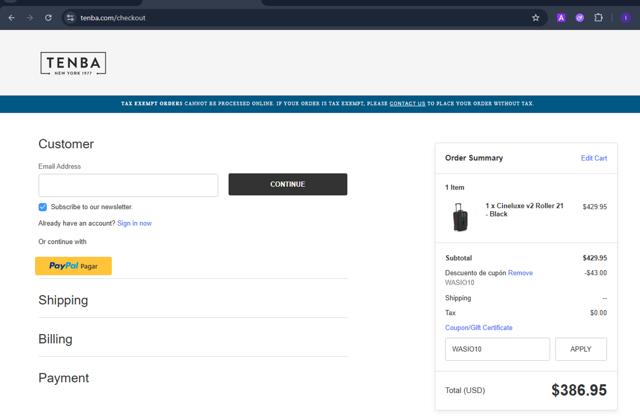 Tenba checkout page showing Tenba promo code box | Screenshot taken by SimplyCodes community member on Jun 17, 2025