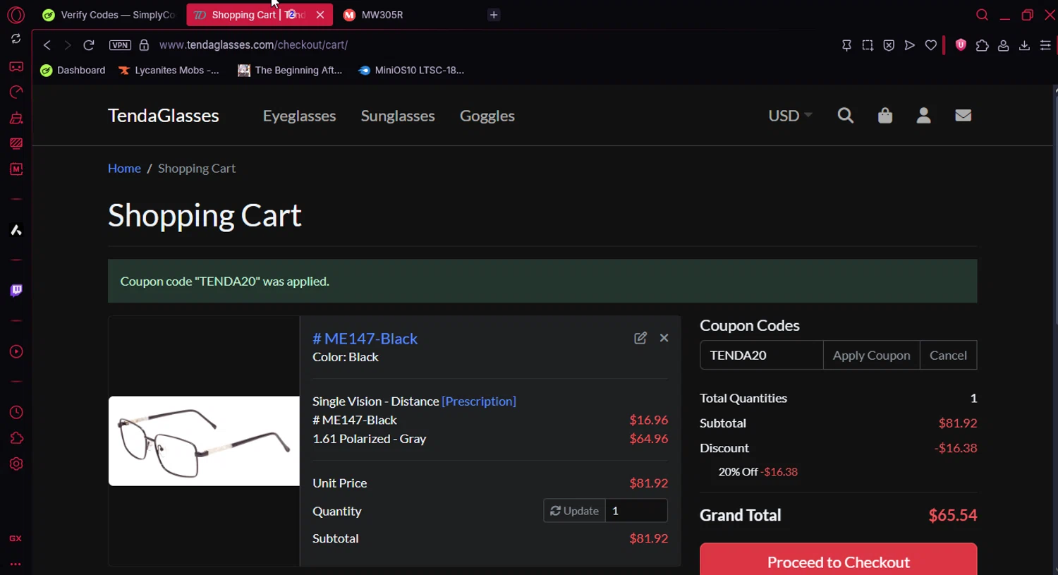 TENDA Glasses coupon code screenshot showing code TENDA20 applied at TENDA Glasses checkout page. Uploaded by SimplyCodes community member Ema007 on Jun 9, 2025