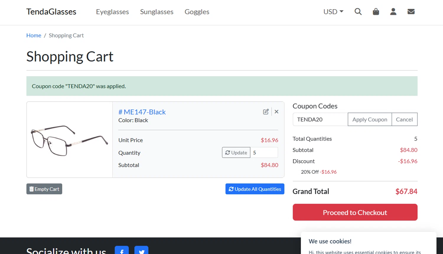 TENDA Glasses coupon code screenshot showing code TENDA20 applied at TENDA Glasses checkout page. Uploaded by SimplyCodes community member SavvyLegend1586 on Jun 19, 2025