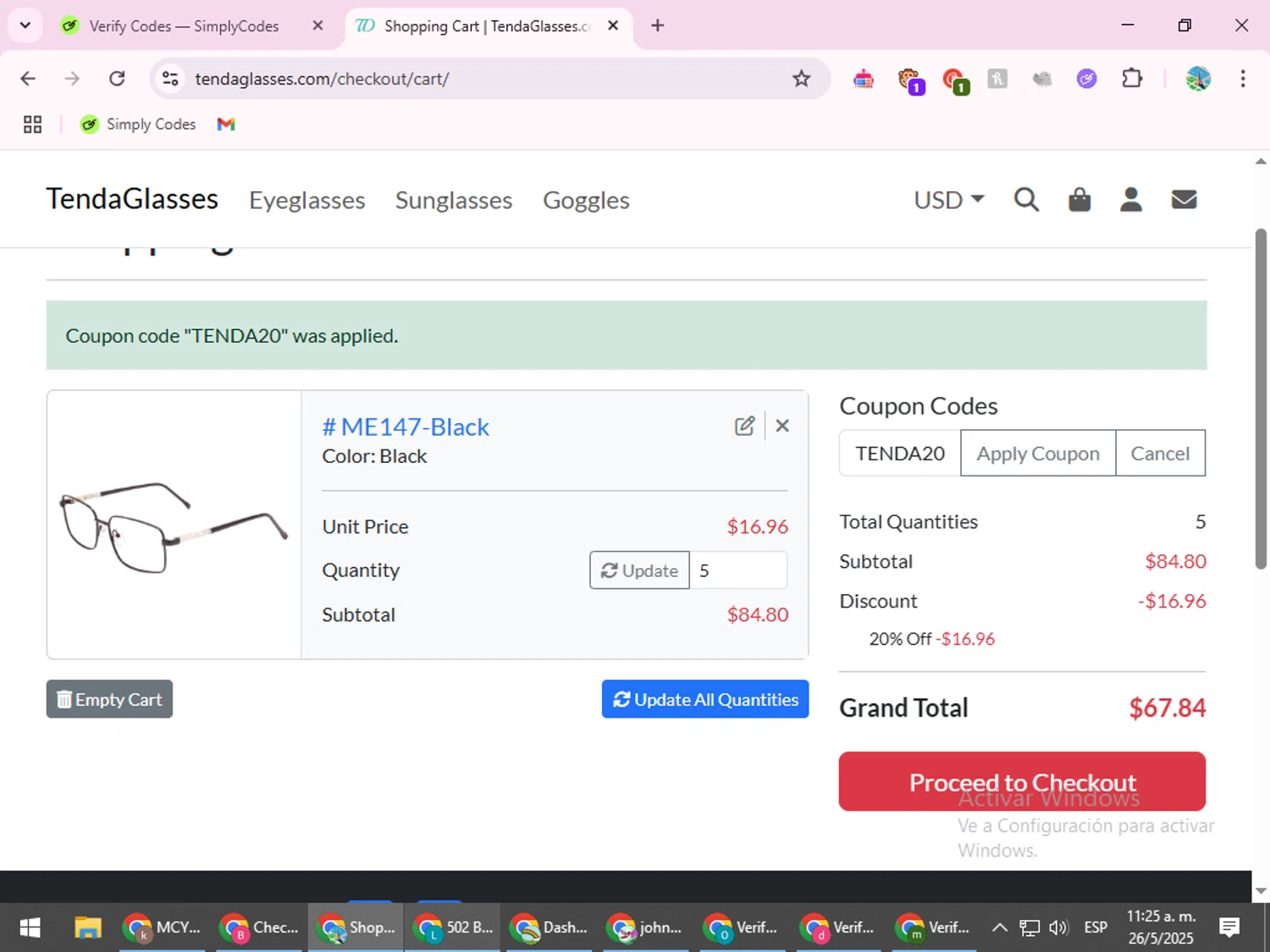 TENDA Glasses checkout page showing TENDA Glasses coupon code box | Screenshot taken by SimplyCodes community member on May 26, 2025