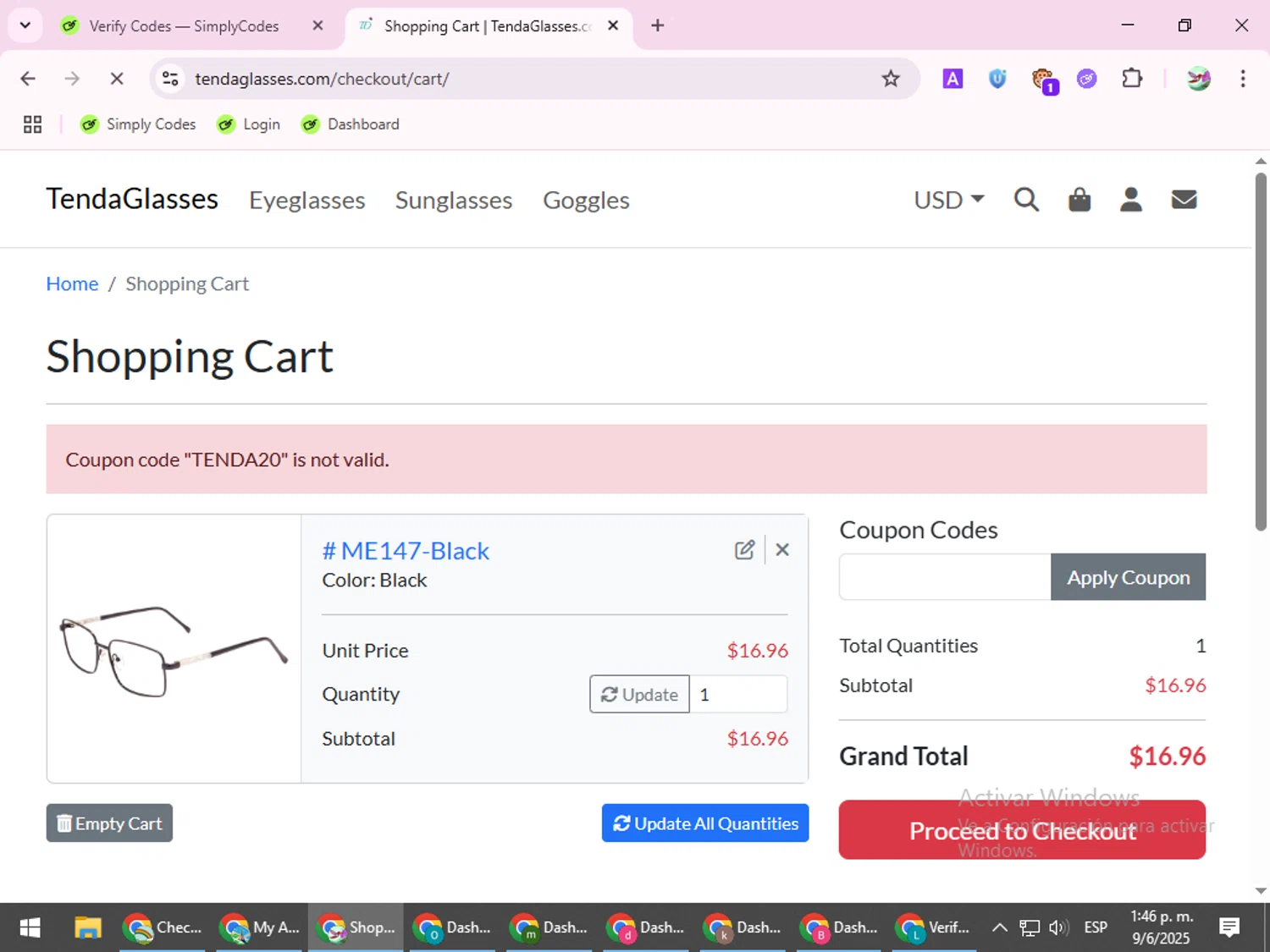 TENDA Glasses coupon code screenshot showing code TENDA20 applied at TENDA Glasses checkout page. Uploaded by SimplyCodes community member SilverExpert5694 on Jun 9, 2025