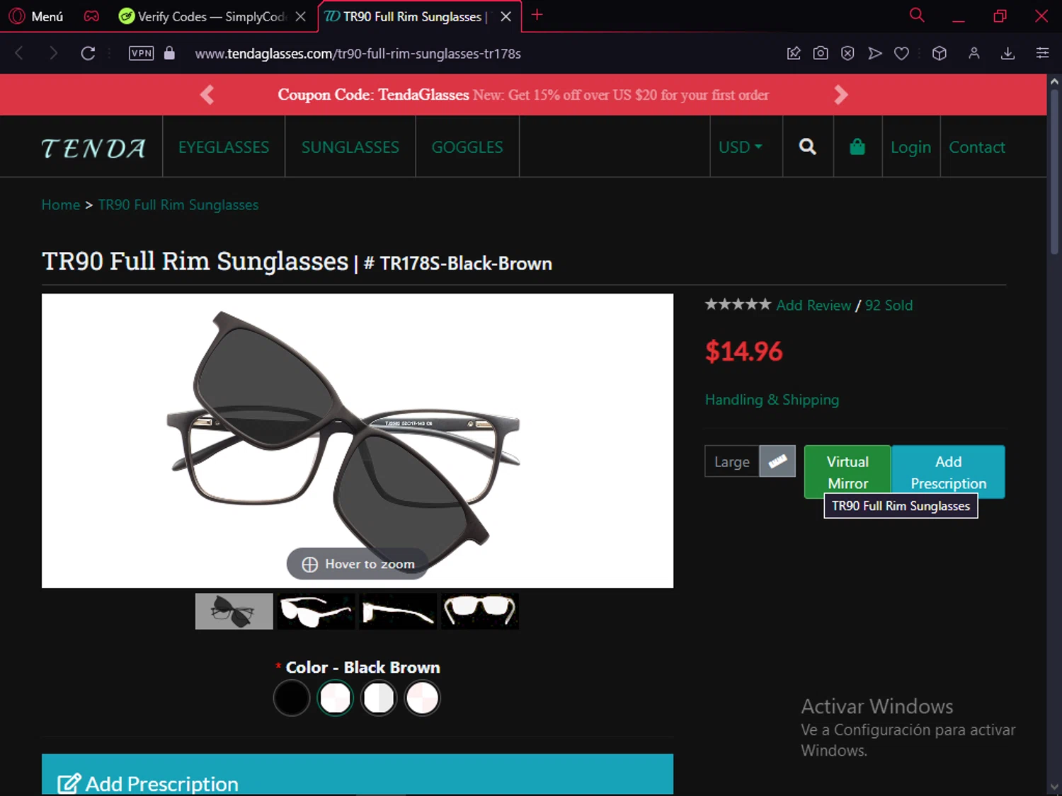 TENDA Glasses coupon code screenshot showing code TendaGlasses applied at TENDA Glasses checkout page. Uploaded by SimplyCodes community member RoyalMaestro2129 on Jan 15, 2025