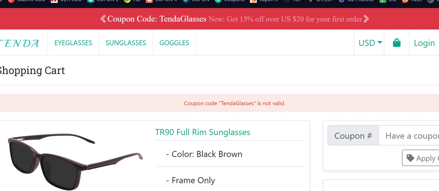 TENDA Glasses coupon code screenshot showing code TendaGlasses applied at TENDA Glasses checkout page. Uploaded by SimplyCodes community member Aressss on Jan 15, 2025