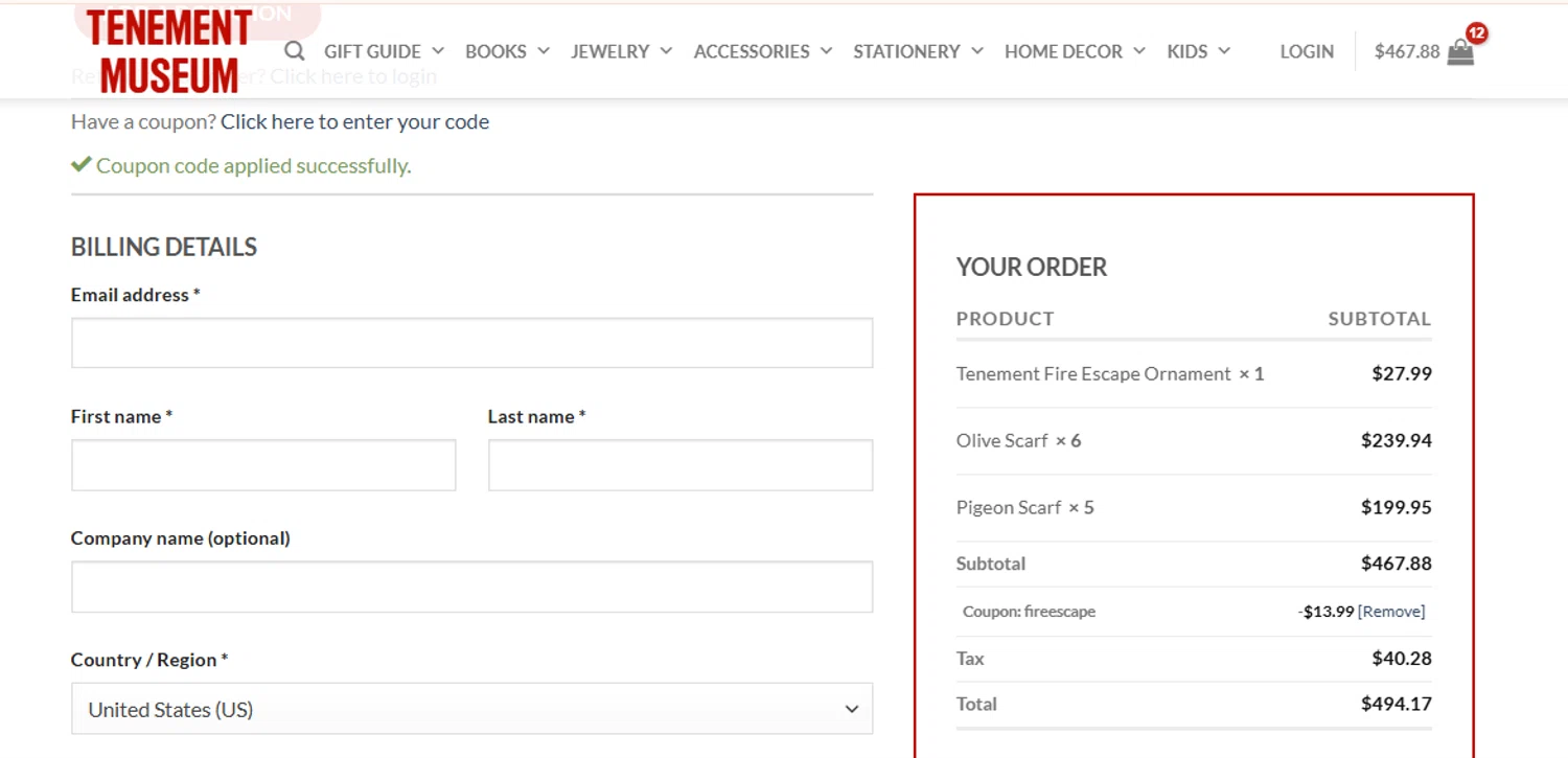 Tenement Museum promo code screenshot showing code FIREESCAPE applied at Tenement Museum checkout page. Uploaded by SimplyCodes community member RewardCurator5232 on Oct 7, 2025