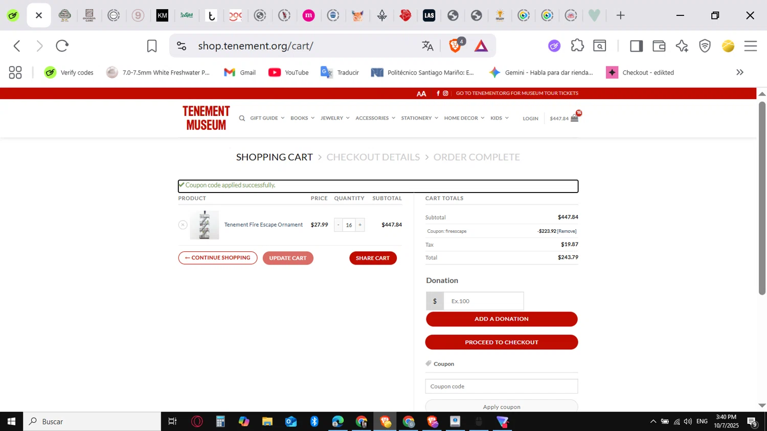 Tenement Museum promo code screenshot showing code FIREESCAPE applied at Tenement Museum checkout page. Uploaded by SimplyCodes community member conorgrey on Oct 7, 2025