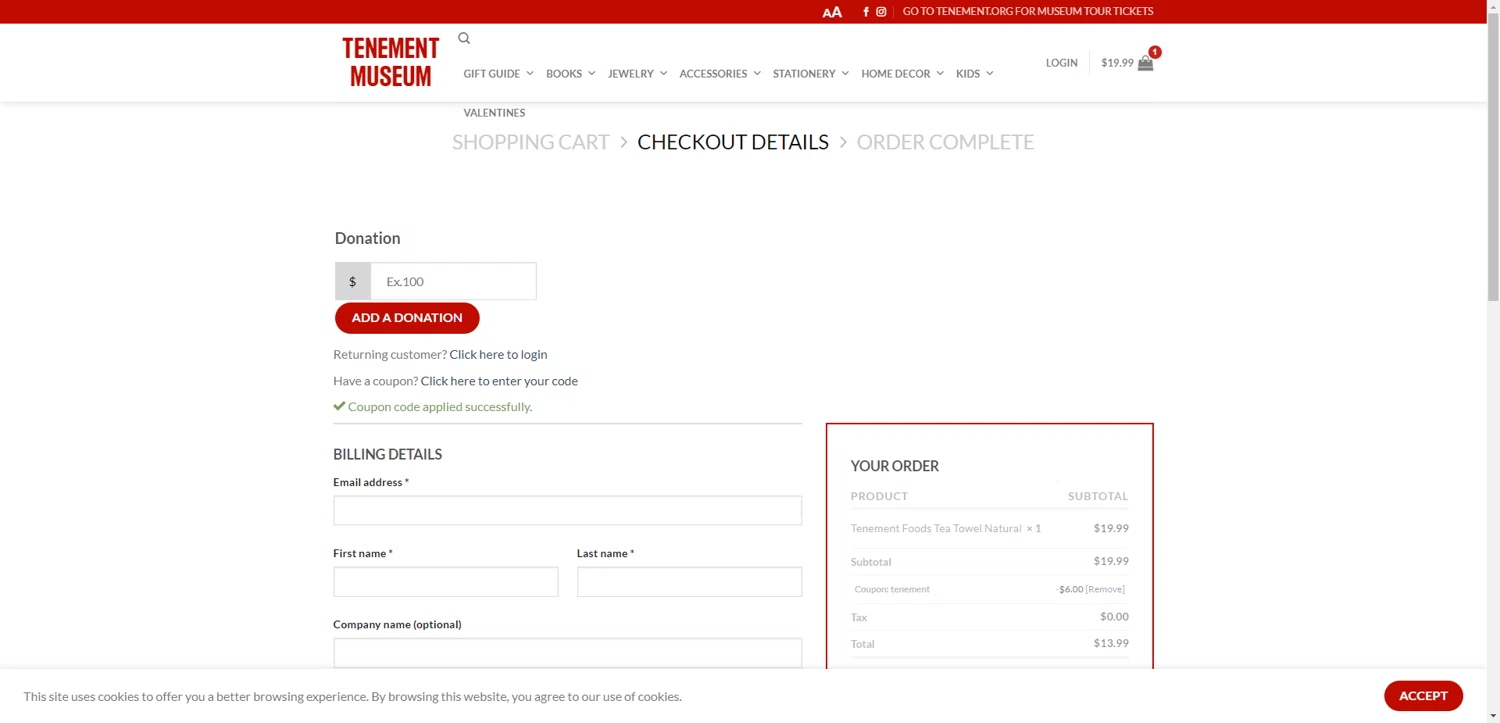 Tenement Museum checkout page showing Tenement Museum promo code box | Screenshot taken by SimplyCodes community member on Dec 17, 2025