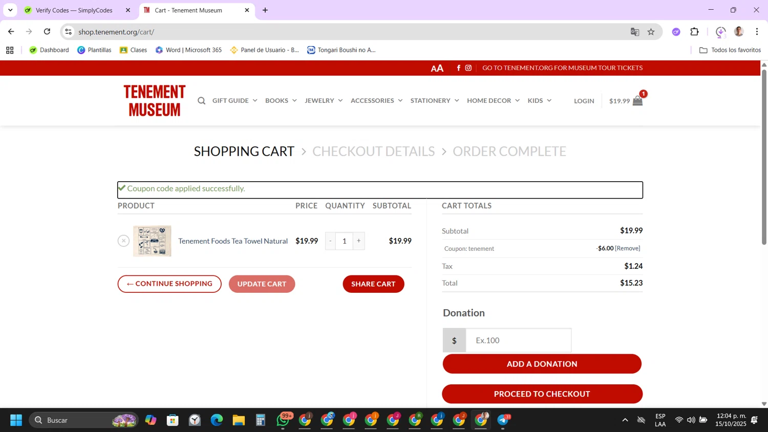 Tenement Museum promo code screenshot showing code TENEMENT applied at Tenement Museum checkout page. Uploaded by SimplyCodes community member FernandoLetex on Oct 15, 2025