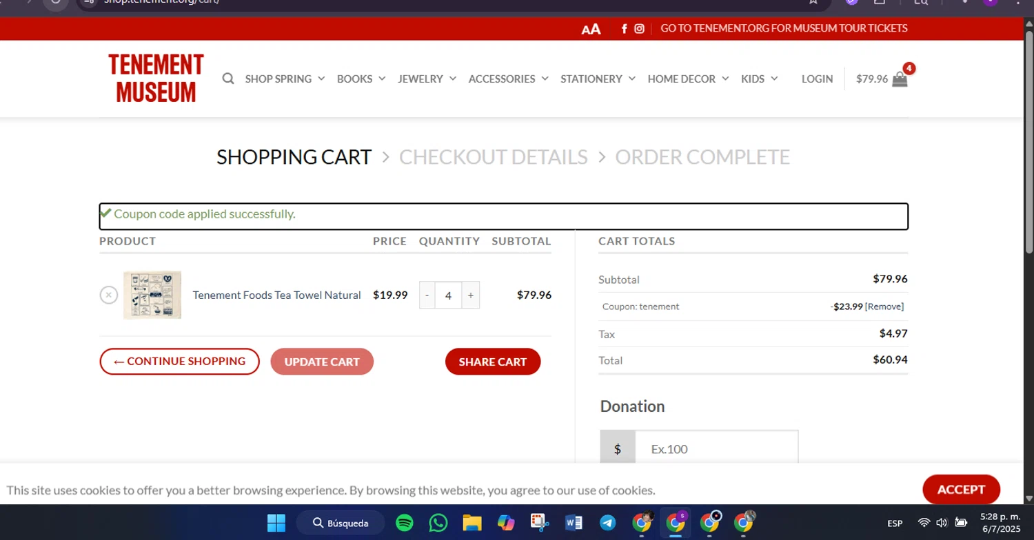 Tenement Museum promo code screenshot showing code TENEMENT applied at Tenement Museum checkout page. Uploaded by SimplyCodes community member Lamadama on Jul 6, 2025