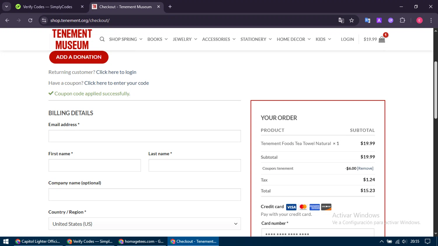 Tenement Museum promo code screenshot showing code TENEMENT applied at Tenement Museum checkout page. Uploaded by SimplyCodes community member MightyNavigator742 on Jul 6, 2025