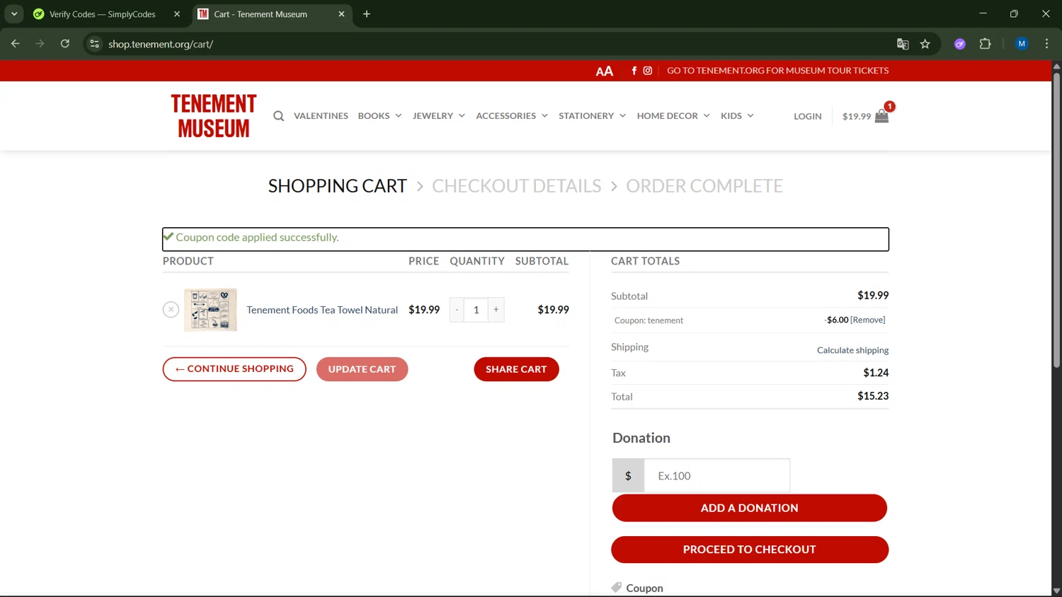 Tenement Museum checkout page showing Tenement Museum promo code box | Screenshot taken by SimplyCodes community member on Jan 16, 2026