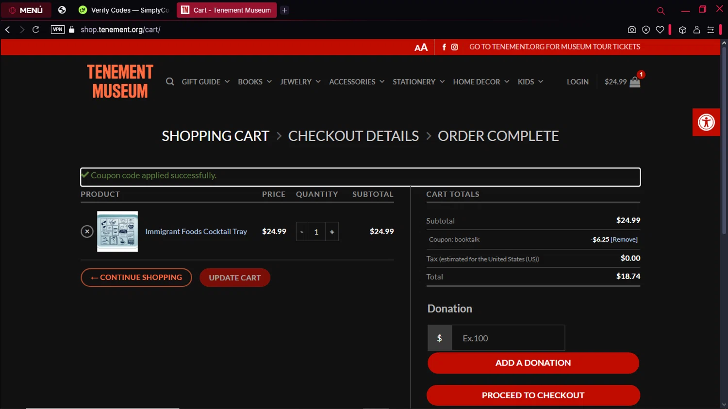 Tenement Museum promo code screenshot showing code BOOKTALK applied at Tenement Museum checkout page. Uploaded by SimplyCodes community member KeiJJ18 on Apr 1, 2025