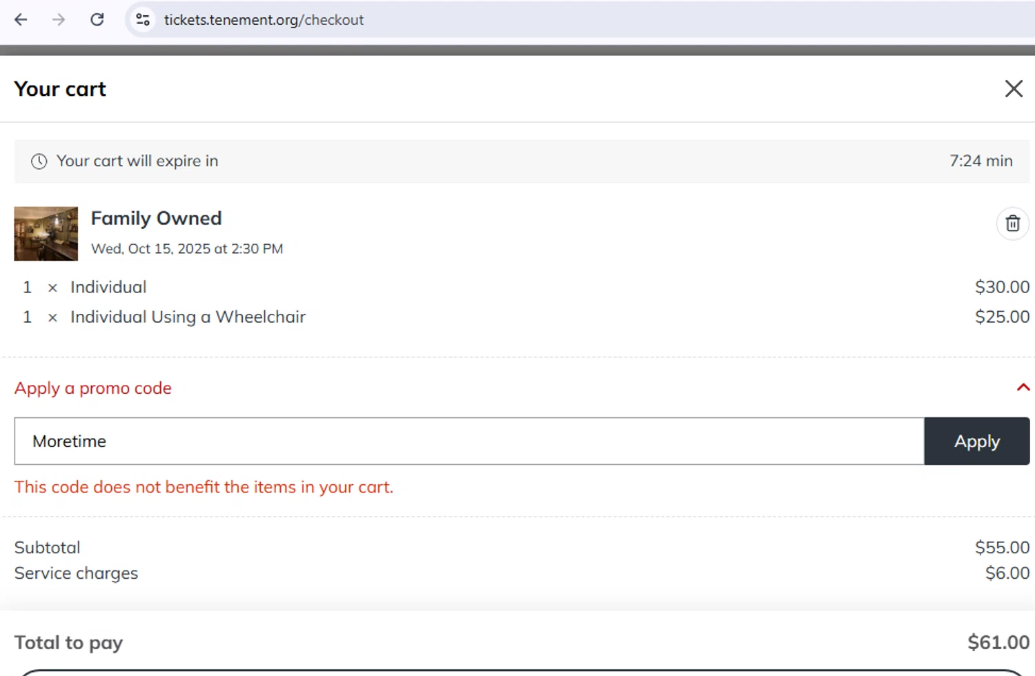 Tenement Museum promo code screenshot showing code Moretime applied at Tenement Museum checkout page. Uploaded by SimplyCodes community member BargainPioneer7317 on Oct 14, 2025