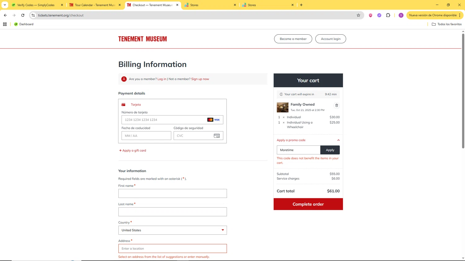Tenement Museum checkout page showing Tenement Museum promo code box | Screenshot taken by SimplyCodes community member on Oct 14, 2025