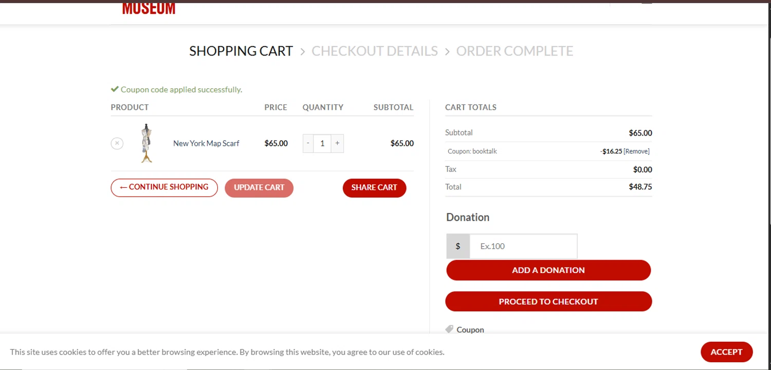 Tenement Museum promo code screenshot showing code BOOKTALK applied at Tenement Museum checkout page. Uploaded by SimplyCodes community member juanisaac on Oct 9, 2025