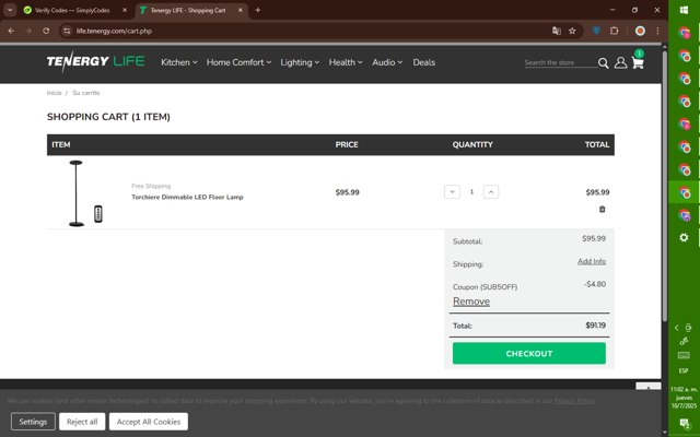 Tenergy checkout page showing Tenergy coupon code box | Screenshot taken by SimplyCodes community member on Jul 10, 2025
