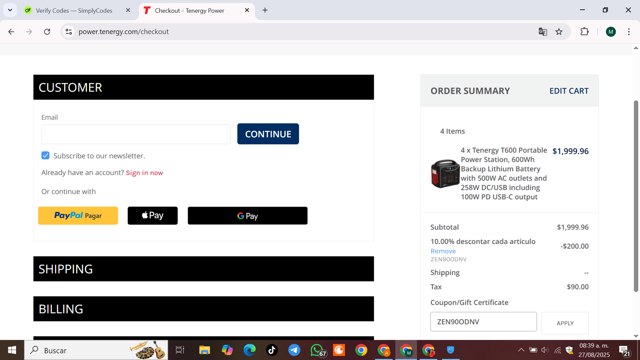 Tenergy checkout page showing Tenergy coupon code box | Screenshot taken by SimplyCodes community member on Aug 27, 2025