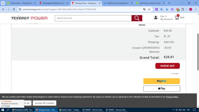 Tenergy checkout page showing Tenergy coupon code box | Screenshot taken by SimplyCodes community member on Jun 30, 2025