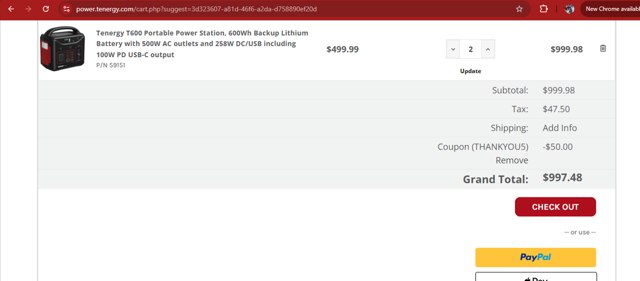 Tenergy checkout page showing Tenergy coupon code box | Screenshot taken by SimplyCodes community member on Aug 27, 2025