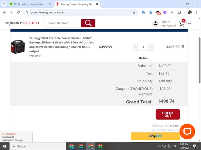 Tenergy checkout page showing Tenergy coupon code box | Screenshot taken by SimplyCodes community member on Jul 29, 2025