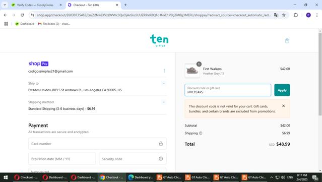 Ten Little checkout page showing Ten Little discount code box | Screenshot taken by SimplyCodes community member on Feb 5, 2025