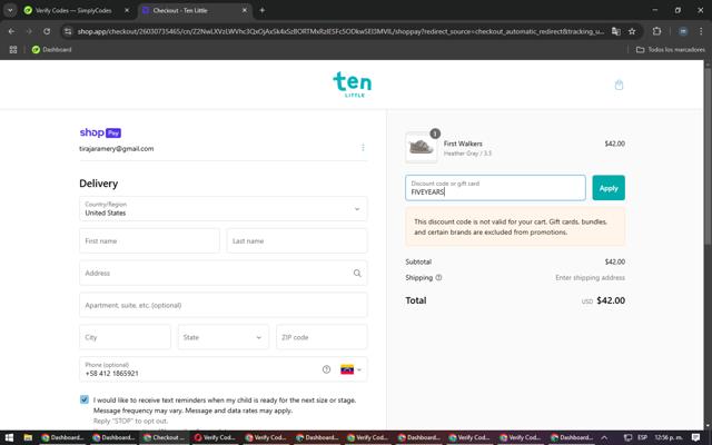 Ten Little checkout page showing Ten Little discount code box | Screenshot taken by SimplyCodes community member on Feb 26, 2025