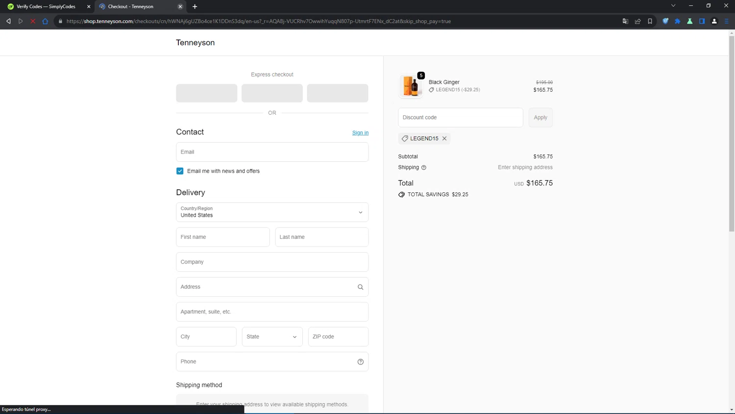 Tenneyson promo code screenshot showing code LEGEND15 applied at Tenneyson checkout page. Uploaded by SimplyCodes community member AVATIGRITO on Apr 6, 2026