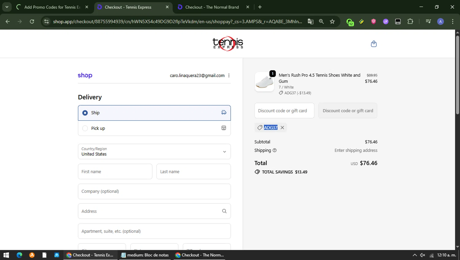 Tennis Express promo code screenshot showing code ADG37 applied at Tennis Express checkout page. Uploaded by SimplyCodes community member Carolina23 on Jan 6, 2026