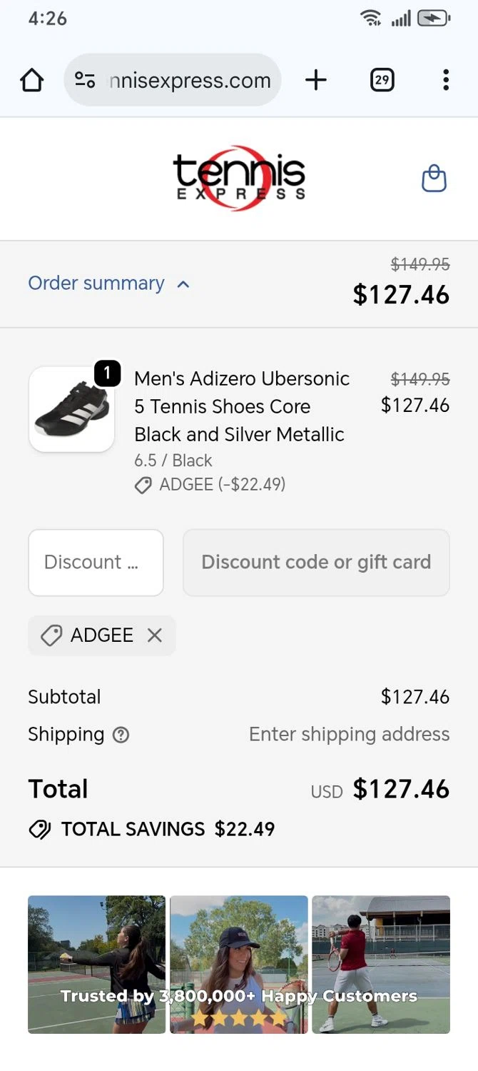 Tennis Express promo code screenshot showing code ADGEE applied at Tennis Express checkout page. Uploaded by SimplyCodes community member franksanchez on Jan 6, 2026