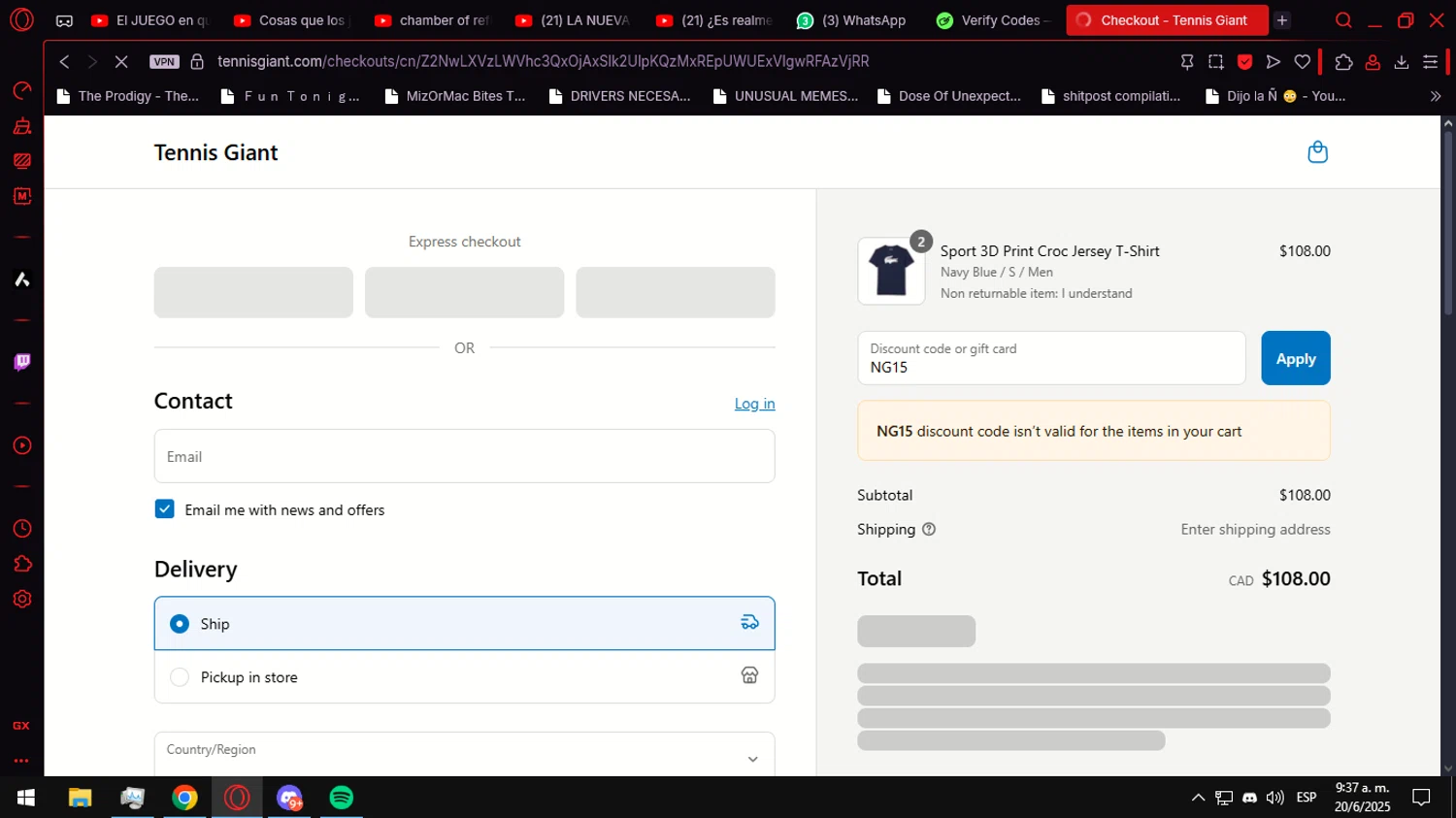 Tennis Giant discount code screenshot showing code NG15 applied at Tennis Giant checkout page. Uploaded by SimplyCodes community member Anteserachido on Jun 20, 2025