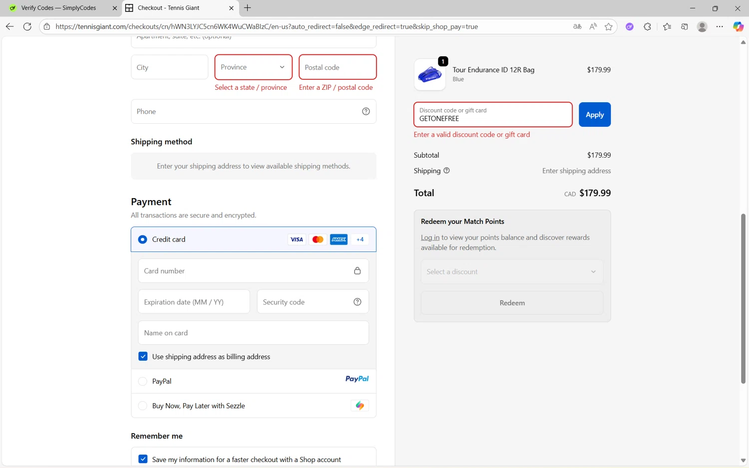 Tennis Giant discount code screenshot showing code GETONEFREE applied at Tennis Giant checkout page. Uploaded by SimplyCodes community member frijolito on Sep 24, 2025