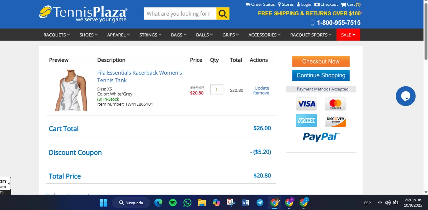 Tennis Plaza coupon code screenshot showing code FILA20 applied at Tennis Plaza checkout page. Uploaded by SimplyCodes community member luisaballera on Sep 10, 2025