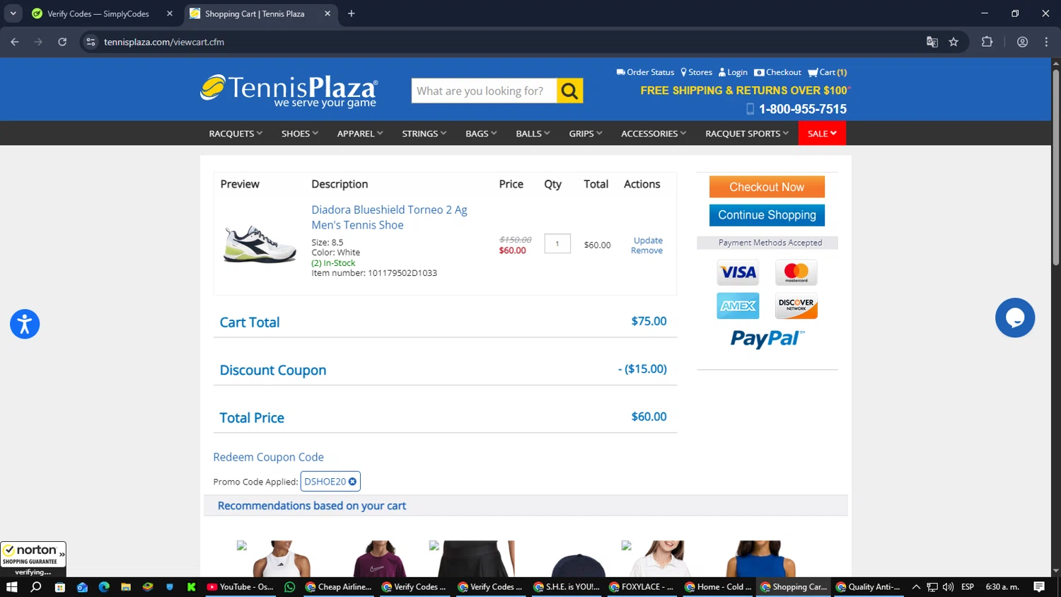 Tennis Plaza coupon code screenshot showing code DSHOE20 applied at Tennis Plaza checkout page. Uploaded by SimplyCodes community member PromoScout8746 on Dec 25, 2025