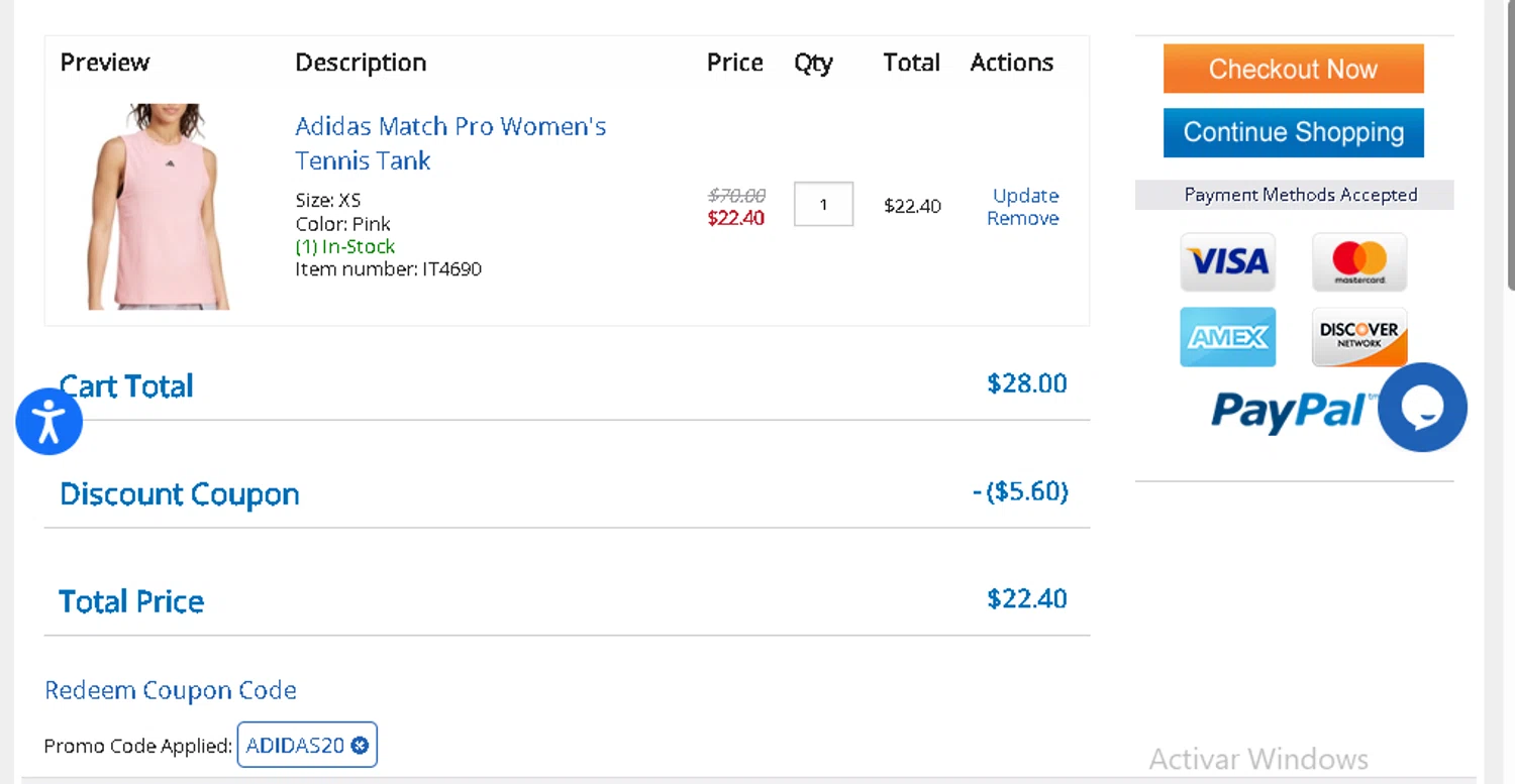 Tennis Plaza coupon code screenshot showing code ADIDAS20 applied at Tennis Plaza checkout page. Uploaded by SimplyCodes community member ValueSage7369 on Aug 28, 2025