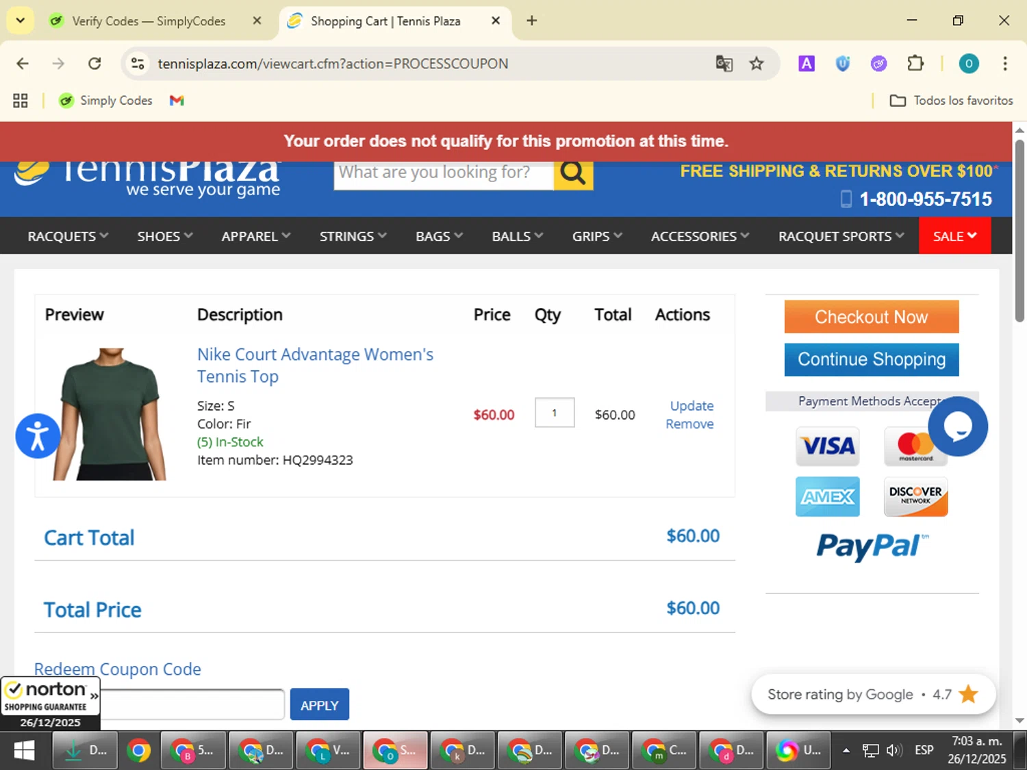 Tennis Plaza coupon code screenshot showing code LACO25 applied at Tennis Plaza checkout page. Uploaded by SimplyCodes community member BudgetSeeker9524 on Dec 26, 2025