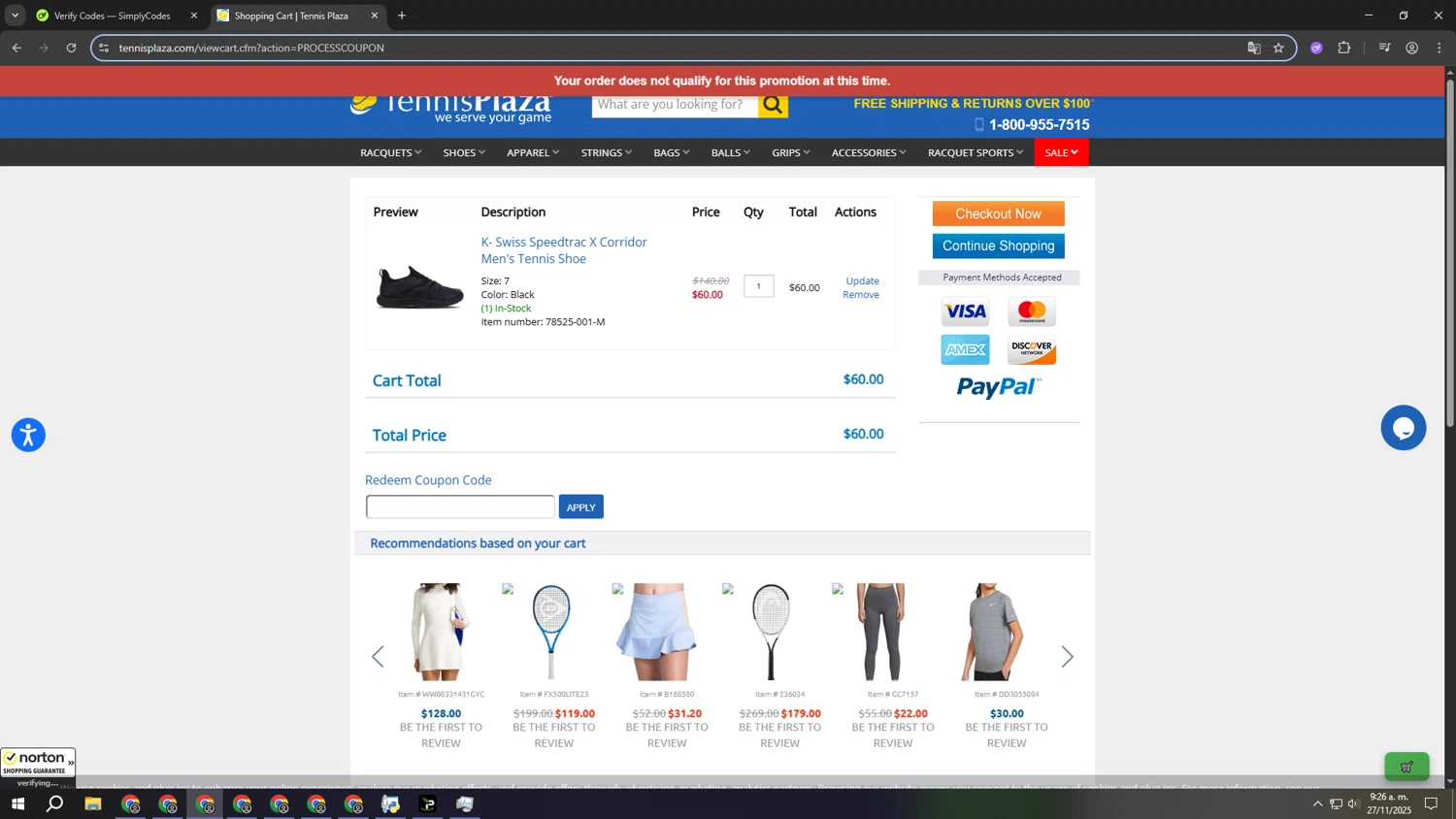 Tennis Plaza coupon code screenshot showing code FALL25 applied at Tennis Plaza checkout page. Uploaded by SimplyCodes community member lllllllllllllll on Nov 27, 2025