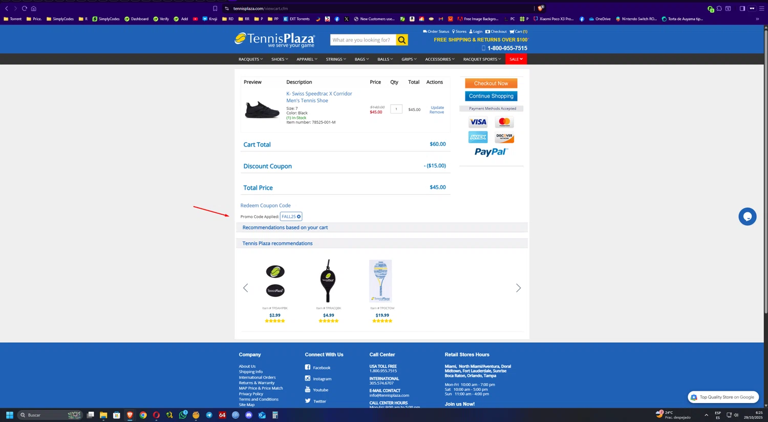 Tennis Plaza coupon code screenshot showing code FALL25 applied at Tennis Plaza checkout page. Uploaded by SimplyCodes community member UnkNownVnzla on Oct 29, 2025