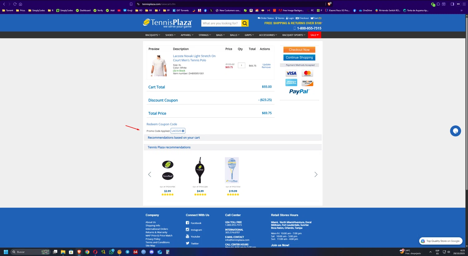 Tennis Plaza coupon code screenshot showing code LACO25 applied at Tennis Plaza checkout page. Uploaded by SimplyCodes community member UnkNownVnzla on Oct 29, 2025