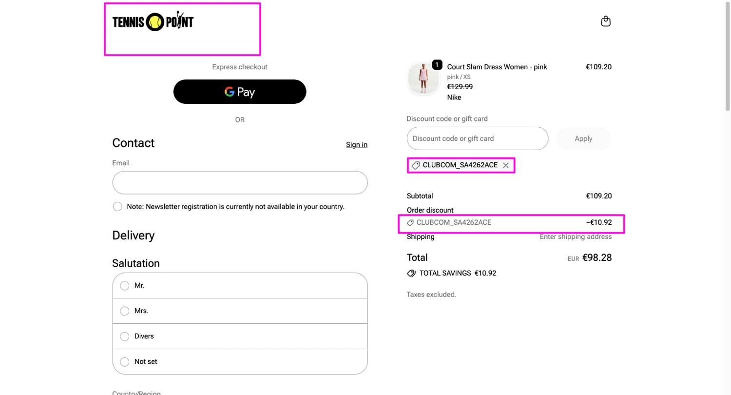Tennis Point promo code screenshot showing code CLUBCOM_SA4262ACE applied at Tennis Point checkout page. Uploaded by SimplyCodes community member mrdarcy on Jun 6, 2026