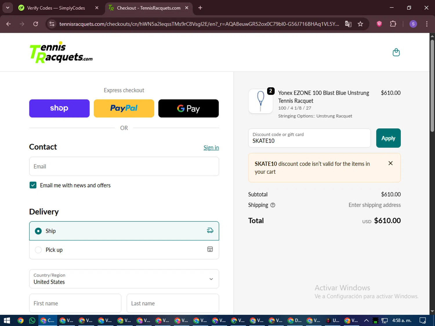 TennisRacquets.com promo code screenshot showing code SKATE10 applied at TennisRacquets.com checkout page. Uploaded by SimplyCodes community member LuckyVoyager688 on Nov 22, 2025