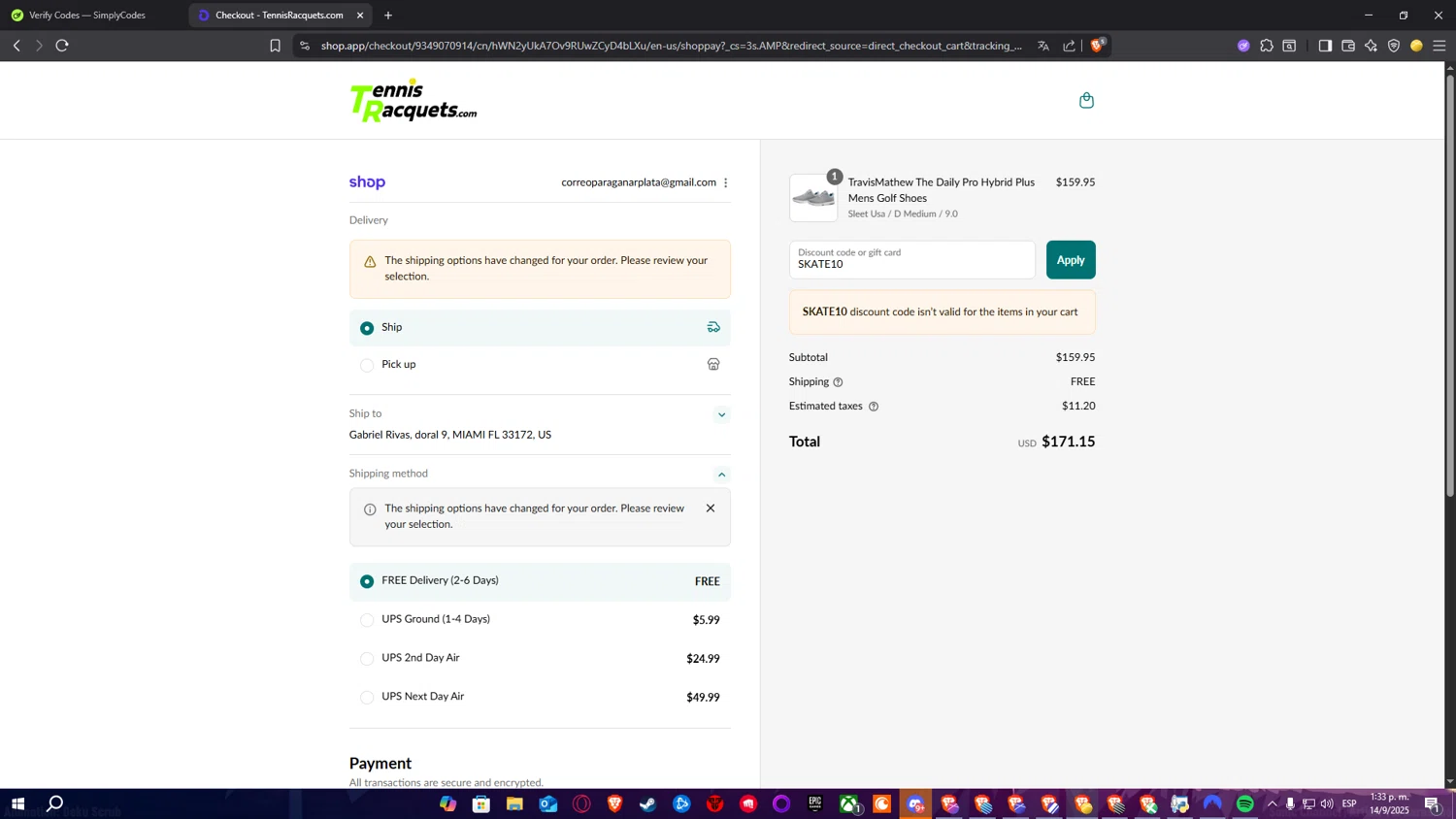 TennisRacquets.com promo code screenshot showing code SKATE10 applied at TennisRacquets.com checkout page. Uploaded by SimplyCodes community member RickelHumilde on Sep 14, 2025