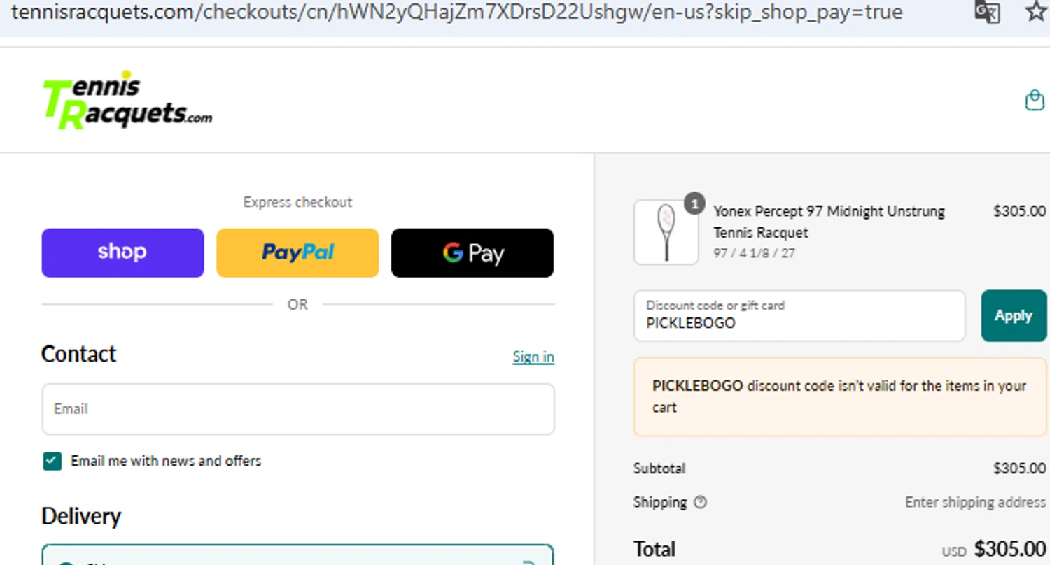 TennisRacquets.com promo code screenshot showing code PICKLEBOGO applied at TennisRacquets.com checkout page. Uploaded by SimplyCodes community member PennyOwl2559 on Sep 14, 2025