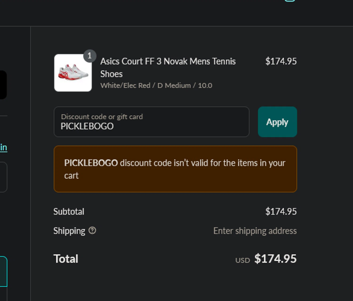 TennisRacquets.com promo code screenshot showing code PICKLEBOGO applied at TennisRacquets.com checkout page. Uploaded by SimplyCodes community member xocelot44x on Aug 3, 2025