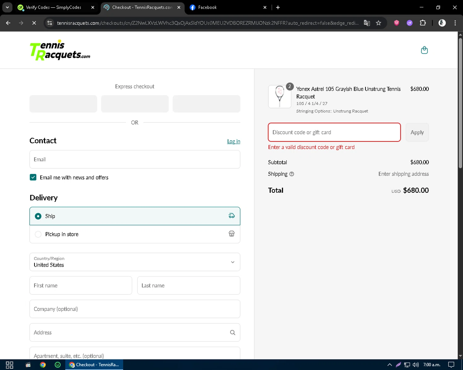 TennisRacquets.com promo code screenshot showing code MISSYOU20 applied at TennisRacquets.com checkout page. Uploaded by SimplyCodes community member CleverSentinel9441 on Jun 4, 2025