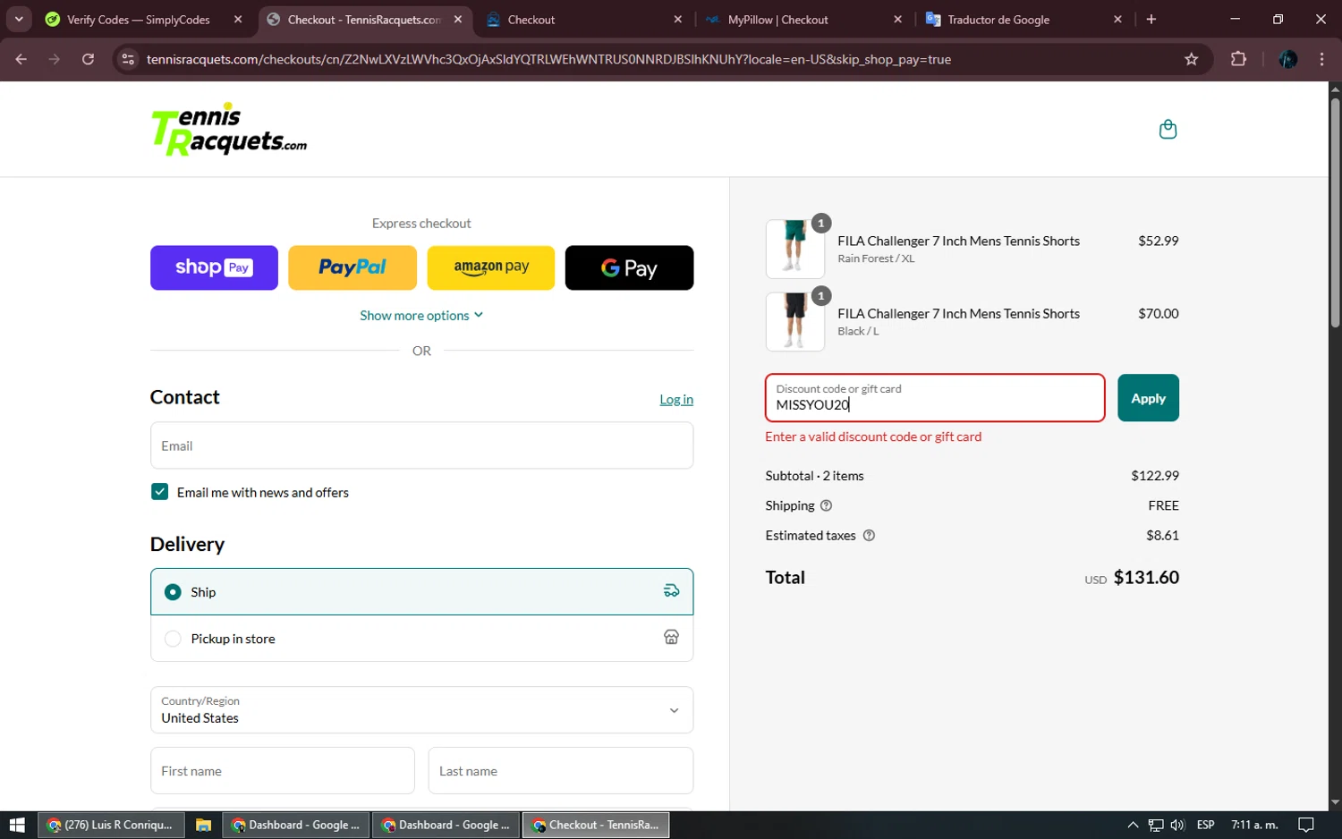 TennisRacquets.com promo code screenshot showing code MISSYOU20 applied at TennisRacquets.com checkout page. Uploaded by SimplyCodes community member Kurokenshi on Jun 4, 2025