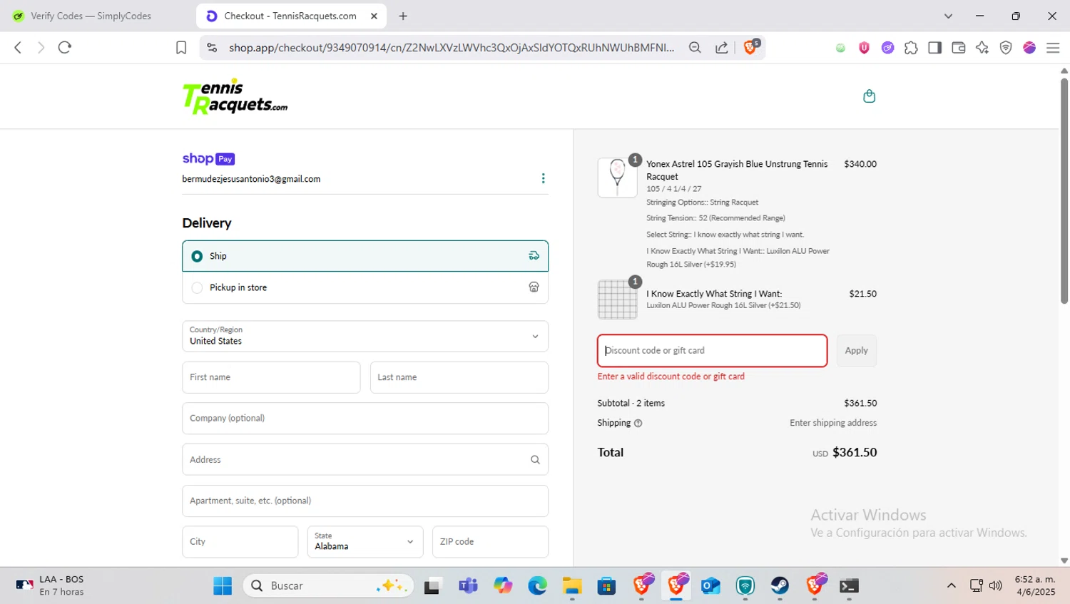 TennisRacquets.com promo code screenshot showing code MISSYOU20 applied at TennisRacquets.com checkout page. Uploaded by SimplyCodes community member SapeGato on Jun 4, 2025