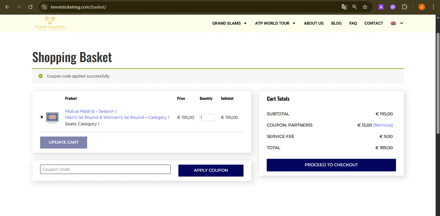 Tennisticketing.com promo code screenshot showing code PARTNER15 applied at Tennisticketing.com checkout page. Uploaded by SimplyCodes community member PennyAdmiral6960 on Nov 10, 2025